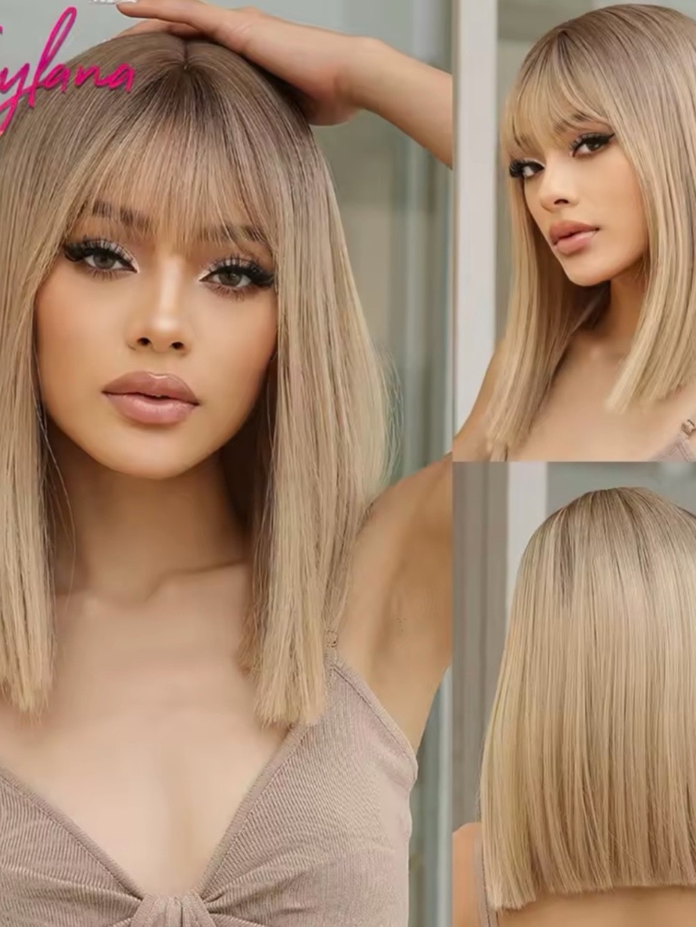 Blonde Straight Bob Wig with Bangs - Women Hair i